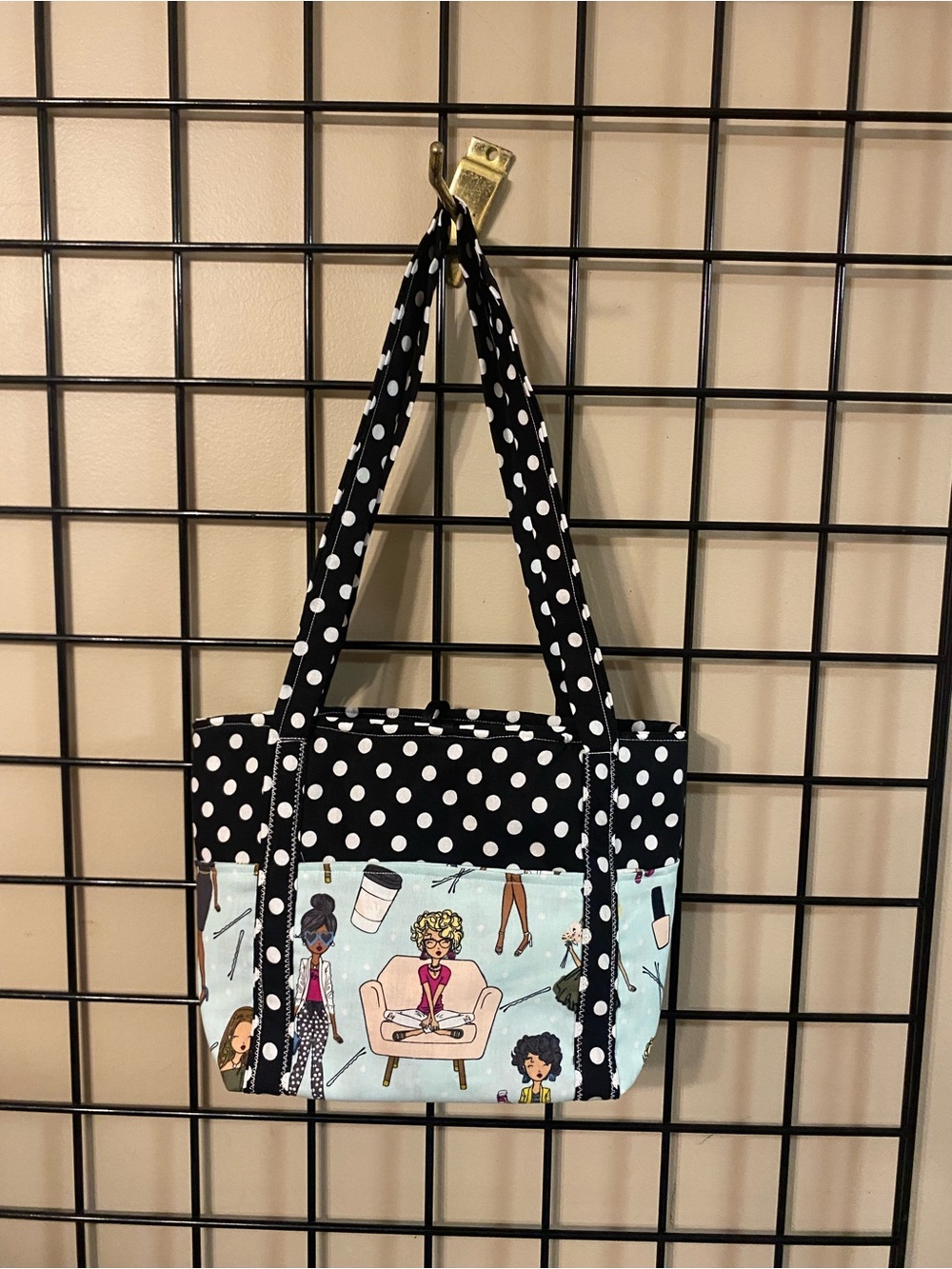 Black Polka Dot Tote with Illustrated Light Blue Panel